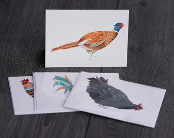 Set of 4 art cards, Rooster, Hens and Pheasant