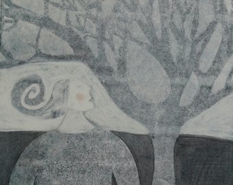 Luna 3, monotype, monoprint, original art, with real gold leaf, FRAMED