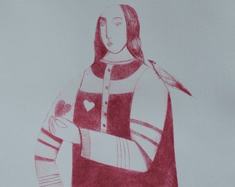 Heart On A Sleeve, original handmade red drypoint print