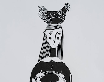 Hen lino print, Chicken and eggs lino print, All Her Eggs In One Basket, original artist linocut print, Limited Edition
