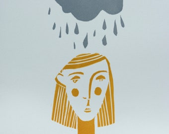 Raindrops Falling On A Head, original artist linocut print, 2 colour block print