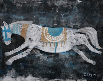 White horse monoprint, Original Horse Art, Mixed Media, Equus Albus, boho style
