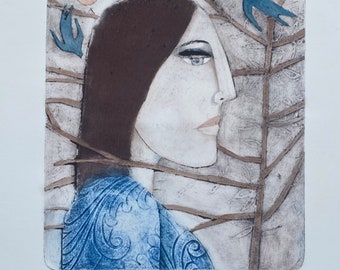 Two Little Birds, Woman and Birds original collagraph print, handmade and handprinted