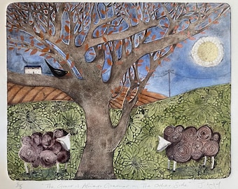 Sheep Collagraph Print, Original Fine Art, autumn colours