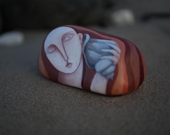 Can You Hear The Sea Speak? painted stone, sculpture, 3D art, sea art, shells, shell painting, sea painting, beach house decor, paperweight