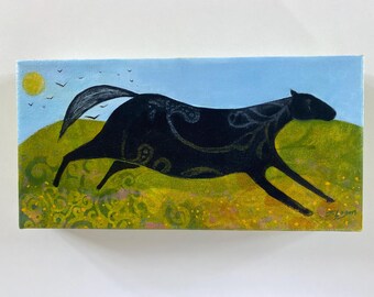Black Horse Acrylic Painting, Original Art, 6x12 Canvas