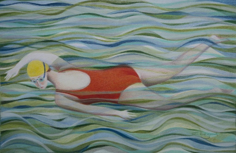 The Front Crawl, original coloured pencil art, drawing, framed image 1