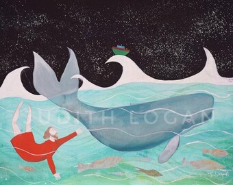 The Long Route To Nineveh, Limited Edition giclée print, watercolour, collage, Jonah and The Whale painting
