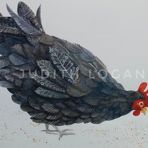 La gallinita negra, tarjeta artística de pintura original en acuarela y tinta.