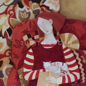 Catnap, cartolina artistica di pittura acrilica originale