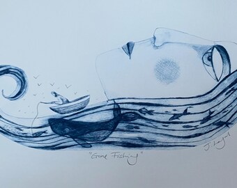 Gone Fishing Drypoint Print, Sea art, original handmade print
