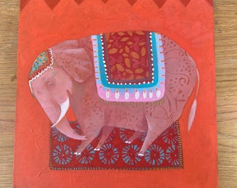 Pink Elephant Acrylic Painting, Bohemian Kids Room Decor