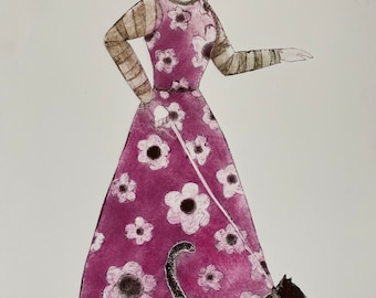 Catwalk, woman walking cat, original collagraph print