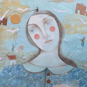 The Vanity Of Chasing The Wind, original monoprint, original art, gelliprint, mixed media artwork, collage, hand embroidery, stitch on paper