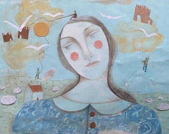 Original Monoprint, Collage, Hand Embroidery on Hosho Paper