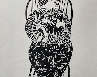 Catnap Linocut Print, Black and White Art, Woman And Cat