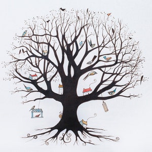 Love Stands Forever, giclée print, pen & ink, tree, Folk art, black and white