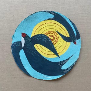 Swallows In Flight, original painting, mixed media artwork with hand embroidery, round painting, swallows painting