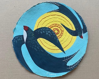 Swallows in Flight Painting, Embroidered Mixed Media Art, Round Paper