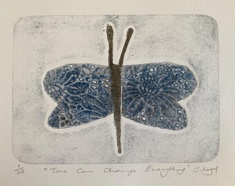 Blue Butterfly Collagraph Print, Handmade Limited Edition Original Art