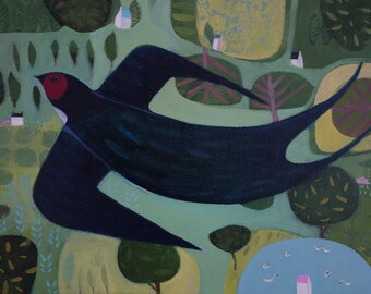 Swallow Bird Acrylic Painting, Framed Original Art (35x45 cm)
