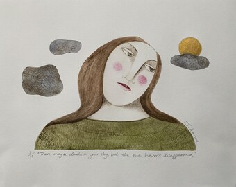 Original Drypoint Print, Woman with Clouds and Sun, Limited Edition