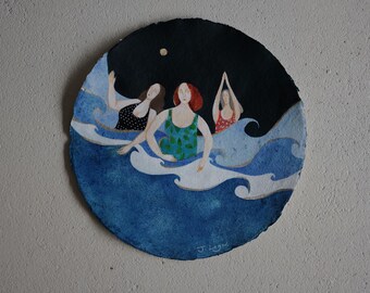 Original Swimmers Watercolor Painting on Round Khadi Paper, 30cm