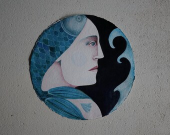 Mermaid Watercolor Painting, Fish Out Of Water, Round Art