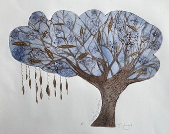 Tree print, Weeping Willow, handmade collagraph print with hand embroidery