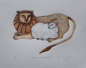 Lion & Lamb, original collagraph artist print