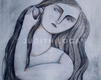 The Shell Whisperer, Modern Drypoint Print, Original Art