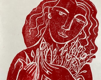Tulip Relief Print, Red Archival Ink, Japanese Paper, Limited Edition