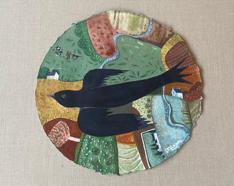 As The Crow Flies, Original Watercolor Crow Painting on Round Khadi Paper