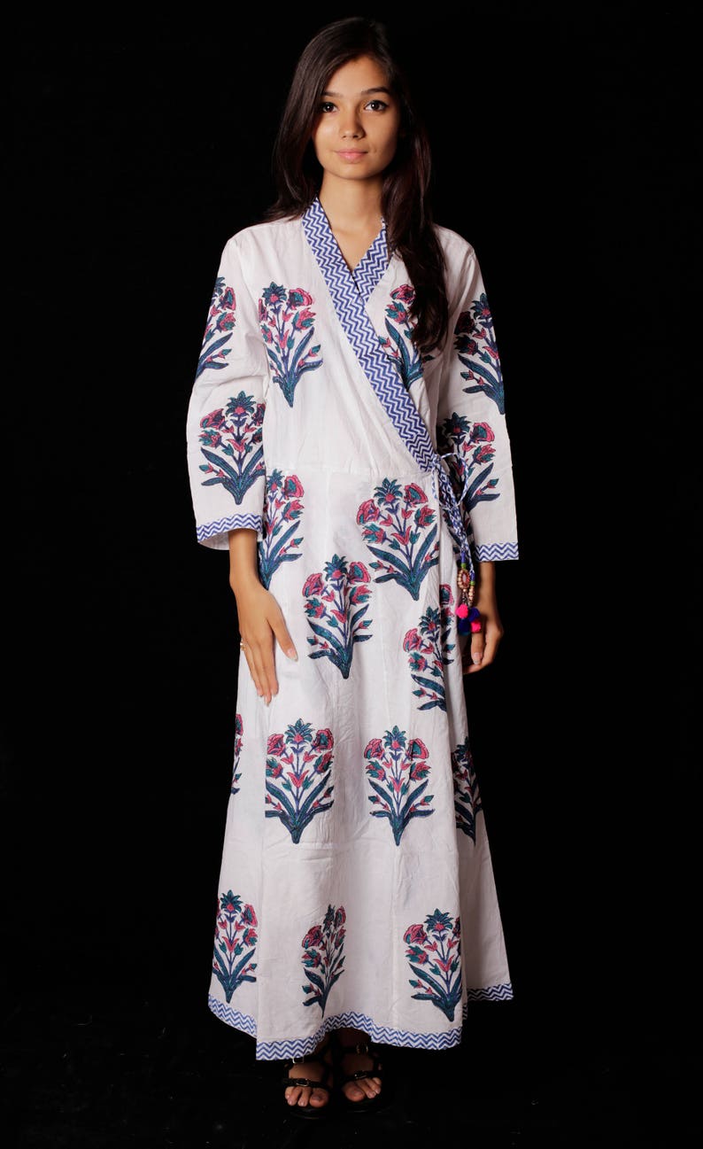 Indian Hand block Printed Long Gown Dress For Women Block Print Dress /& Tunics Women White Cotton Long Gown Hand Printed Dress