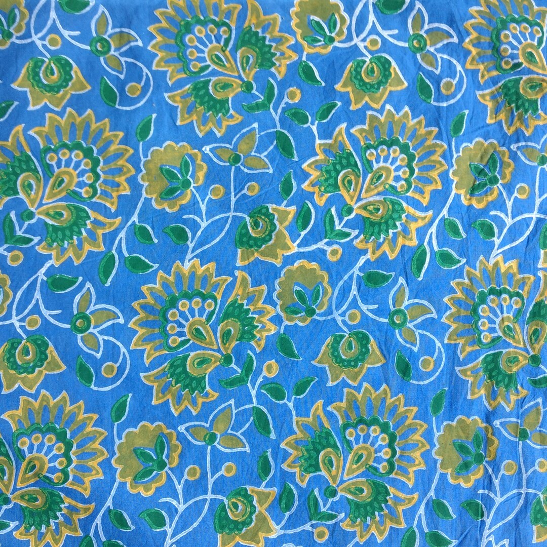 5 Yards Sky Blue Floral Block Print Indian Cotton Fabric - Etsy