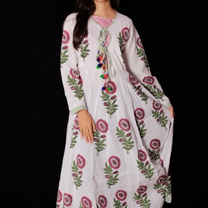 Indian Hand block Printed Long Gown Dress For Women, Block Print Dress & Tunics, Hand Printed Dress, Women White Cotton Long Gown