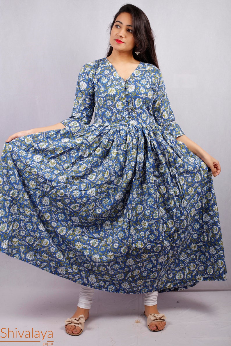 Hand Printed Dress Indian Tunics Indian Cotton Dress Hand Block Printed Dress Printed Dress Indian Cotton Long Gown Block Print Dress