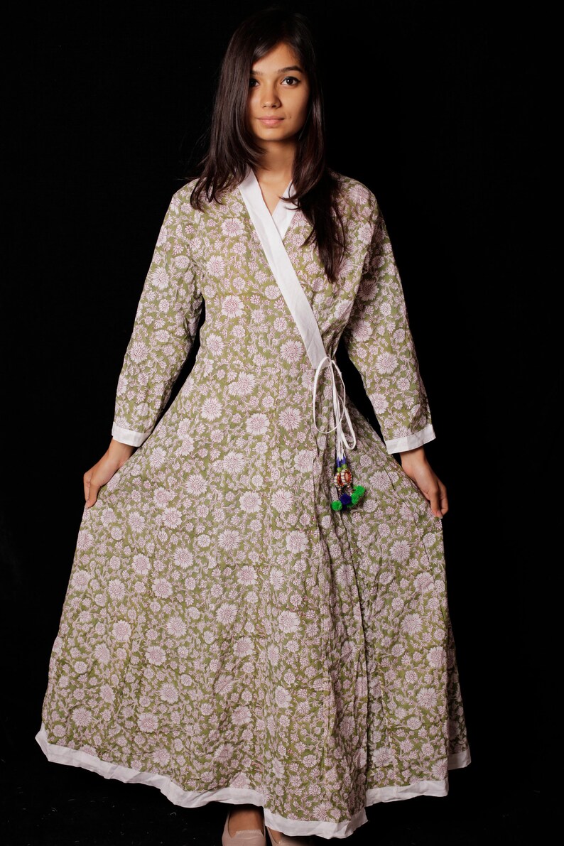 Hand Printed Dress Block Print Dress /& Tunics Indian Hand block Printed Long Gown Dress For Women Women White Cotton Long Gown