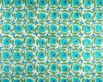 5 Yards Floral Hand Block Print Indian Cotton Fabric, Natural Dyes