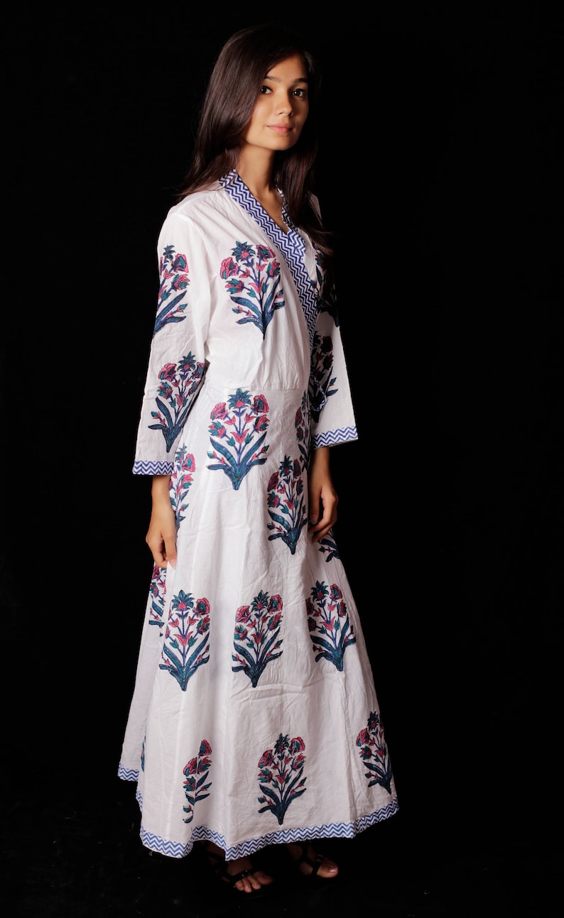 Indian Hand block Printed Long Gown Dress For Women Block Print Dress /& Tunics Women White Cotton Long Gown Hand Printed Dress
