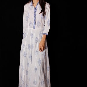 Indian Hand block Printed Long Gown Dress For Women, Block Print Dress & Tunics, Hand Printed Dress, Women White Cotton Long Gown