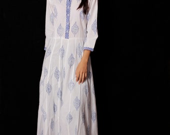Robe longue imprimée à la main indienne pour les femmes, robe à imprimé bloc et tuniques, robe imprimée à la main, robe longue en coton blanc pour femmes