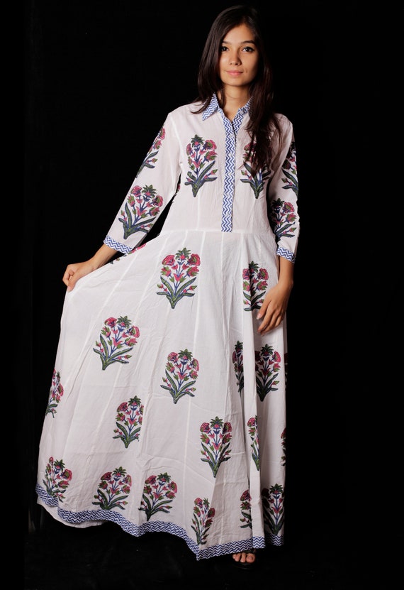 Hand Printed Dress Block Print Dress /& Tunics Indian Hand block Printed Long Gown Dress For Women Women White Cotton Long Gown