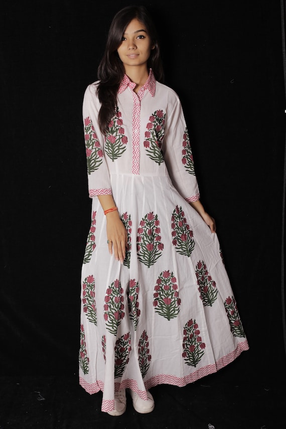 Hand Printed Dress Block Print Dress /& Tunics Indian Hand block Printed Long Gown Dress For Women Women White Cotton Long Gown