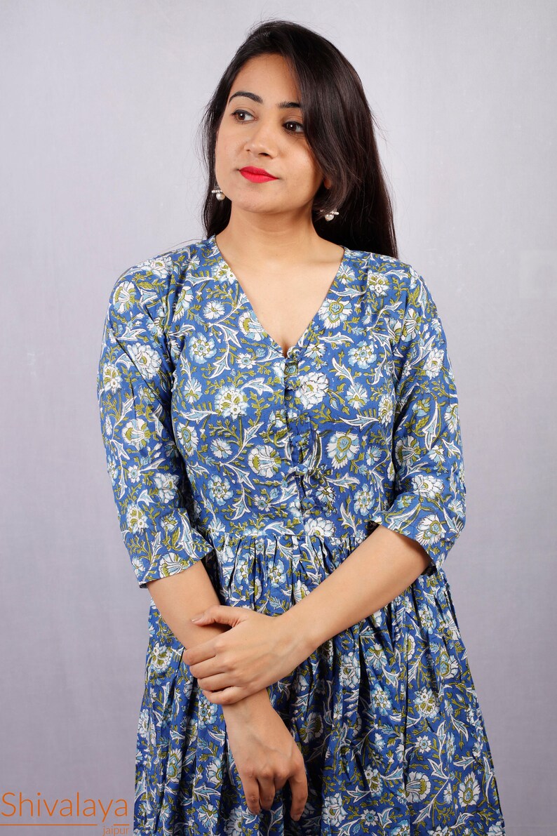 Hand Printed Dress Indian Tunics Indian Cotton Dress Hand Block Printed Dress Printed Dress Indian Cotton Long Gown Block Print Dress