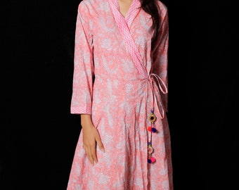 Indisches Hand-Block-gedrucktes langes Kimono-Kleid-Kleid für Frauen, Block-Druck-Kleid & Tuniken, Hand-bedrucktes Kleid, Frauen-weißes Baumwoll-langes Kleid