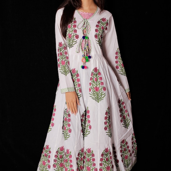 Indian Hand block Printed Long Gown Dress For Women, Block Print Dress & Tunics, Hand Printed Dress, Women White Cotton Long Gown