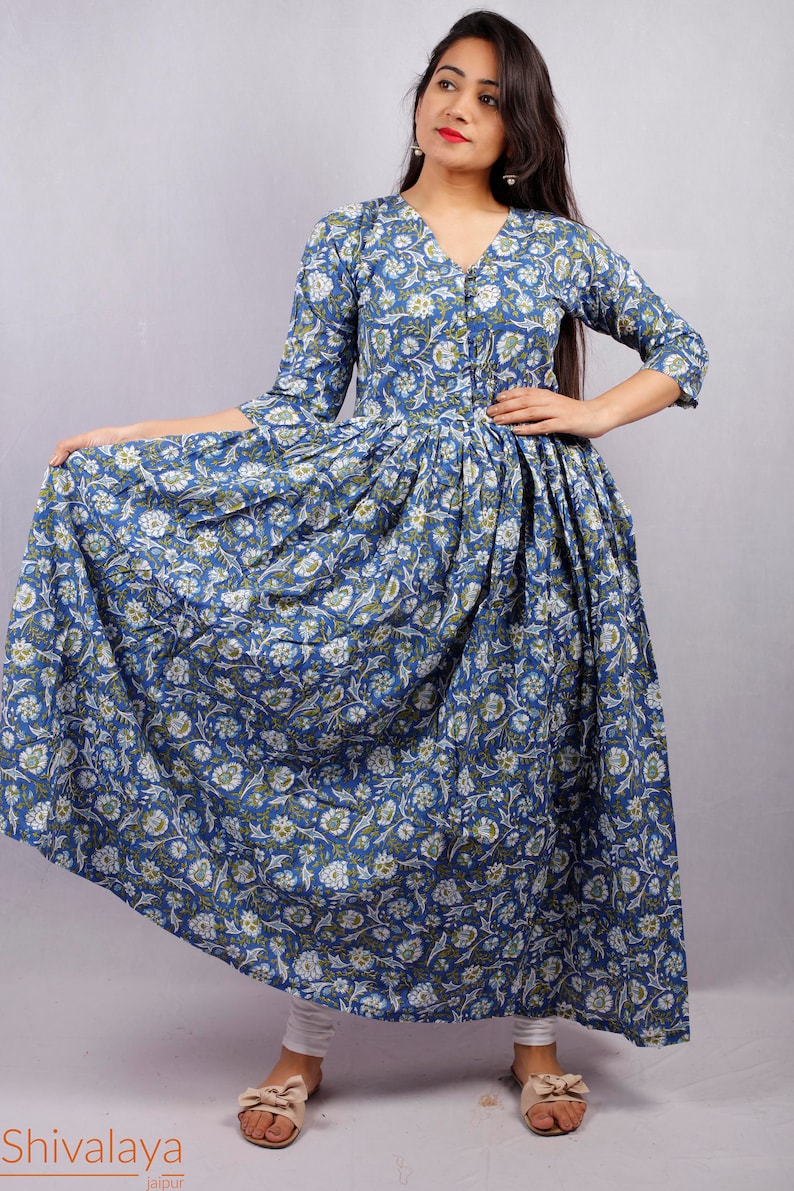 Hand Printed Dress Indian Tunics Indian Cotton Dress Hand Block Printed Dress Printed Dress Indian Cotton Long Gown Block Print Dress