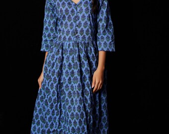 Hand Block Printed Cotton Long Gown Dress