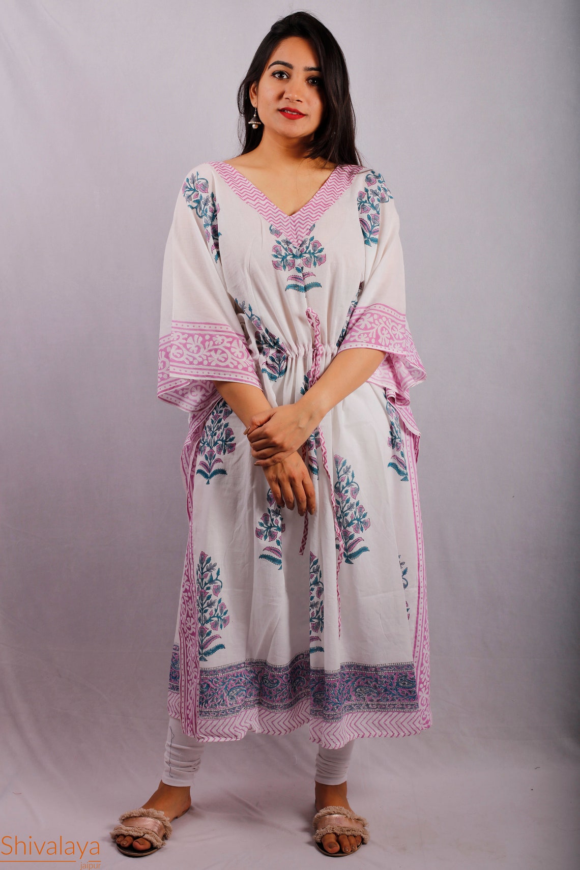 Brown - Akola Block Printed Cotton Kaftan with Tie-Up Waist (Short)